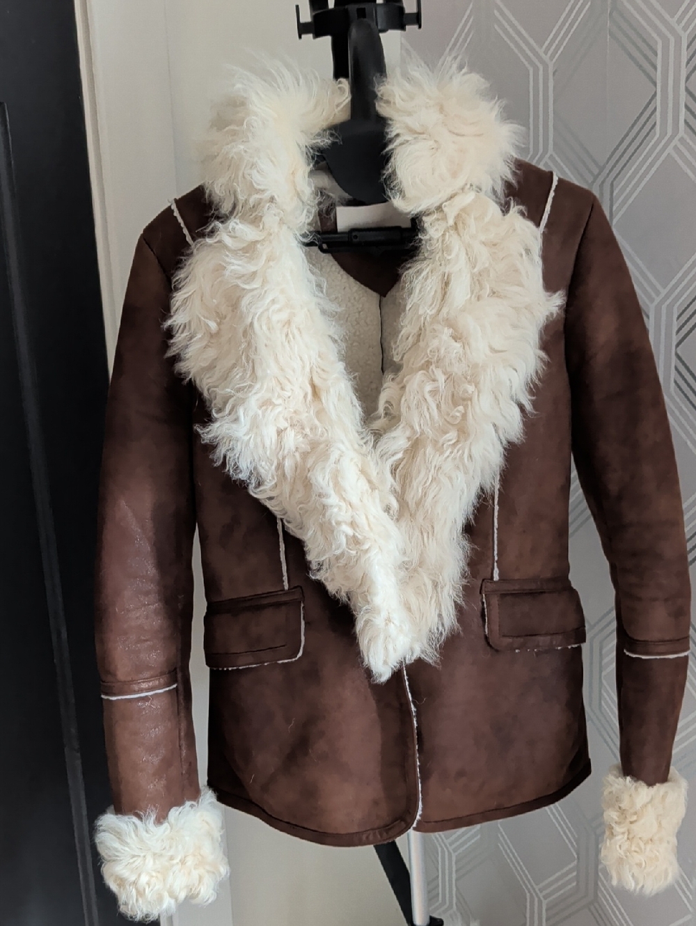 Women's Brown Shearling Pea Coat with Cream Fur Trim